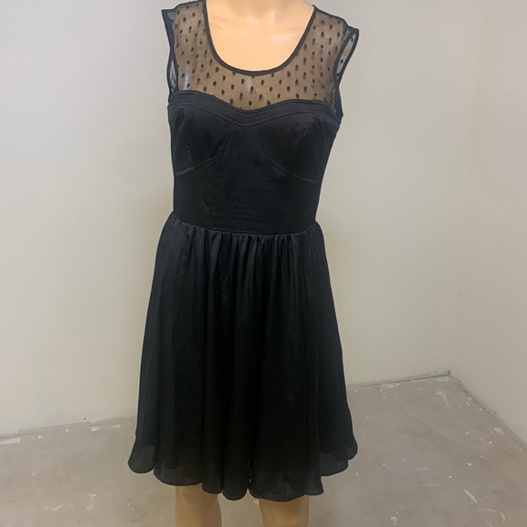 Guess Corset Sleeveless Black Sheer Dot Neck Satin Skater Dress Size 4 - Picture 2 of 11